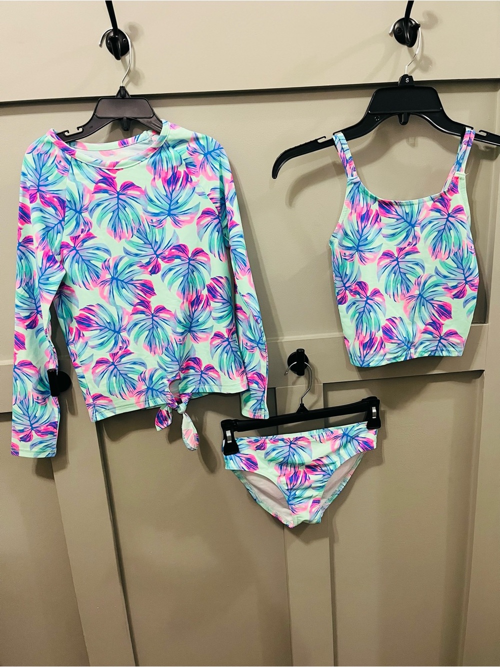 Children’s Place Girl’s Tropical Palm 3-Piece Swim Set - Mint, Pink & Blue